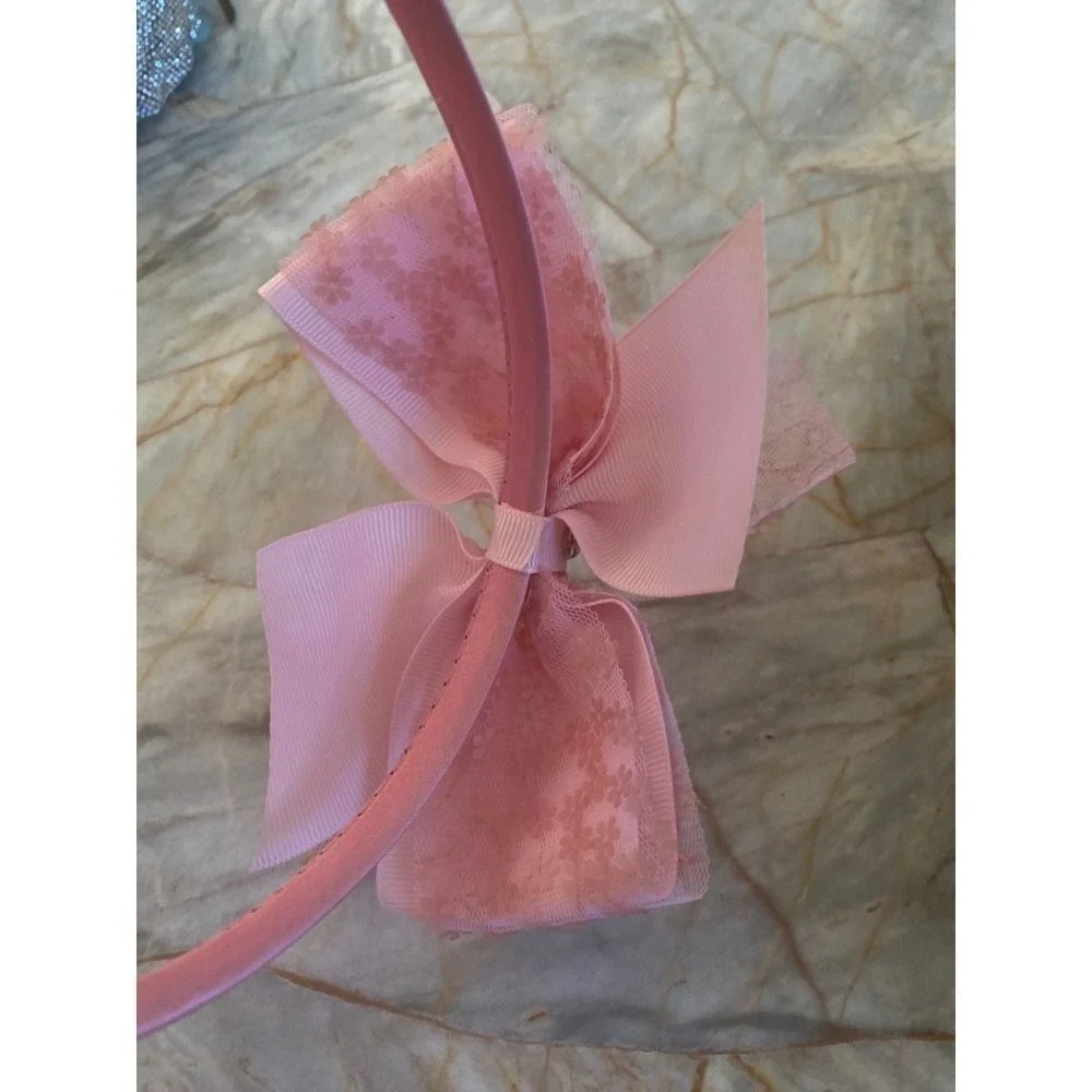 Pink Floral Lace‎ Layered Bow Headband with Rhinestone Center Coquette Style